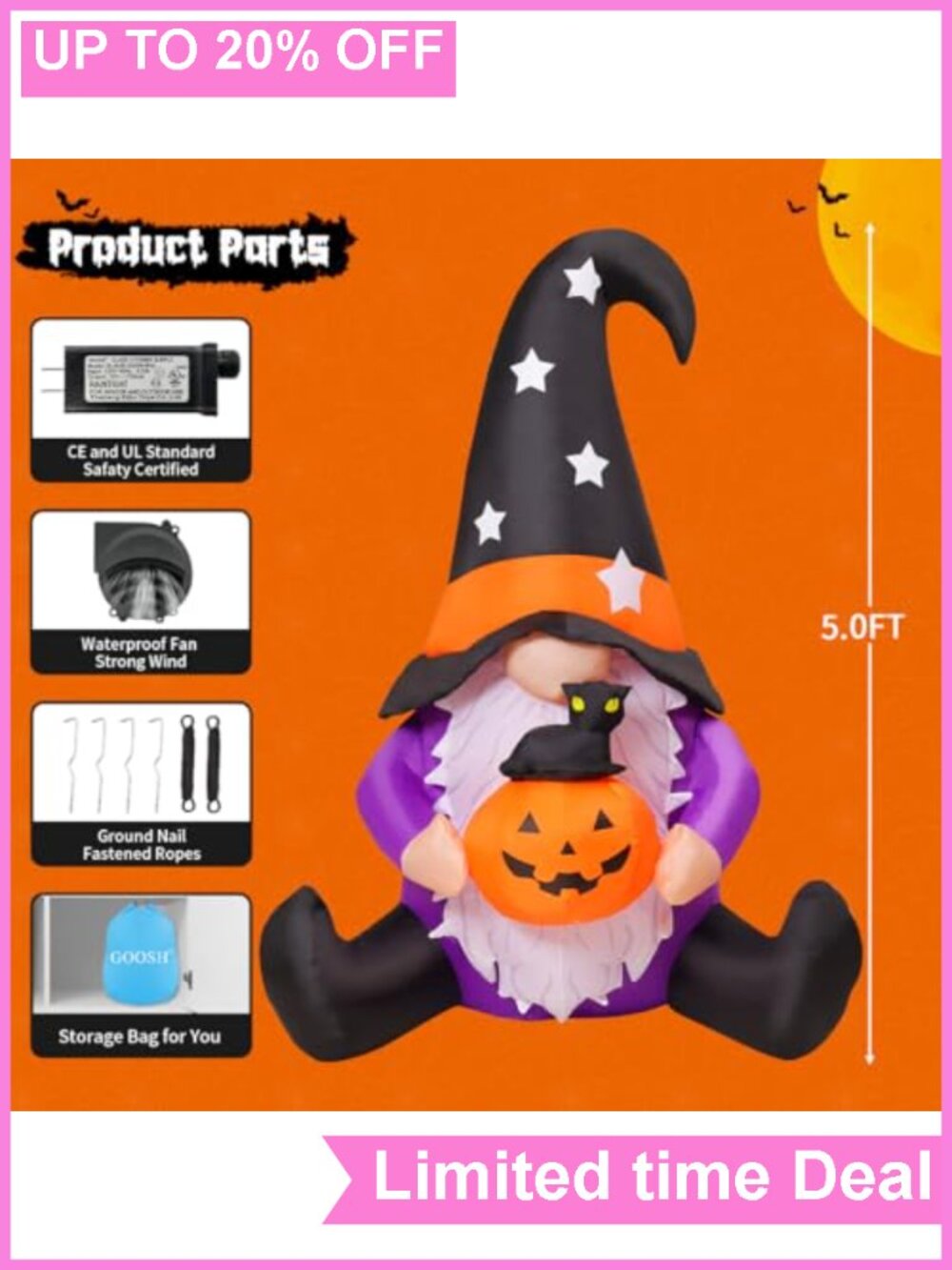 5FT Halloween Inflatable Gnome with Pumpkin Blow Up Yard Decor LED Lighted - Picture 5 of 6